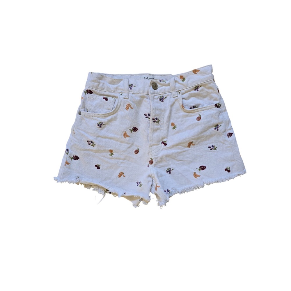 Reformation Charlie Fruitloops High Rise White Denim Fruit Embroidered Shorts 24